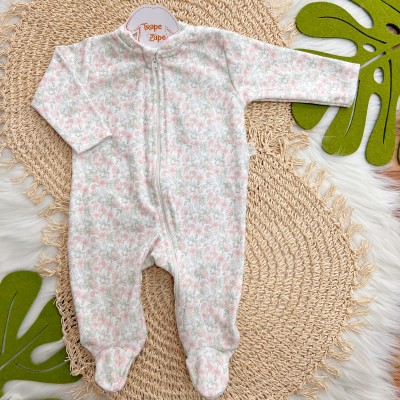 Macacão em Soft com Abertura em Zíper Flores - Off White e Rose